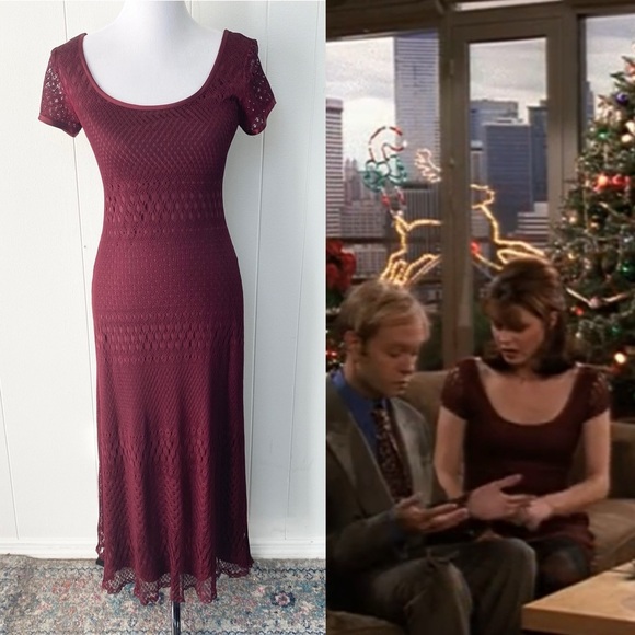 Vintage Dresses & Skirts - VTG Y2K Burgundy Bodycon Midi Dress Crochet Short Sleeve Daphne Frasier‎ Sz S